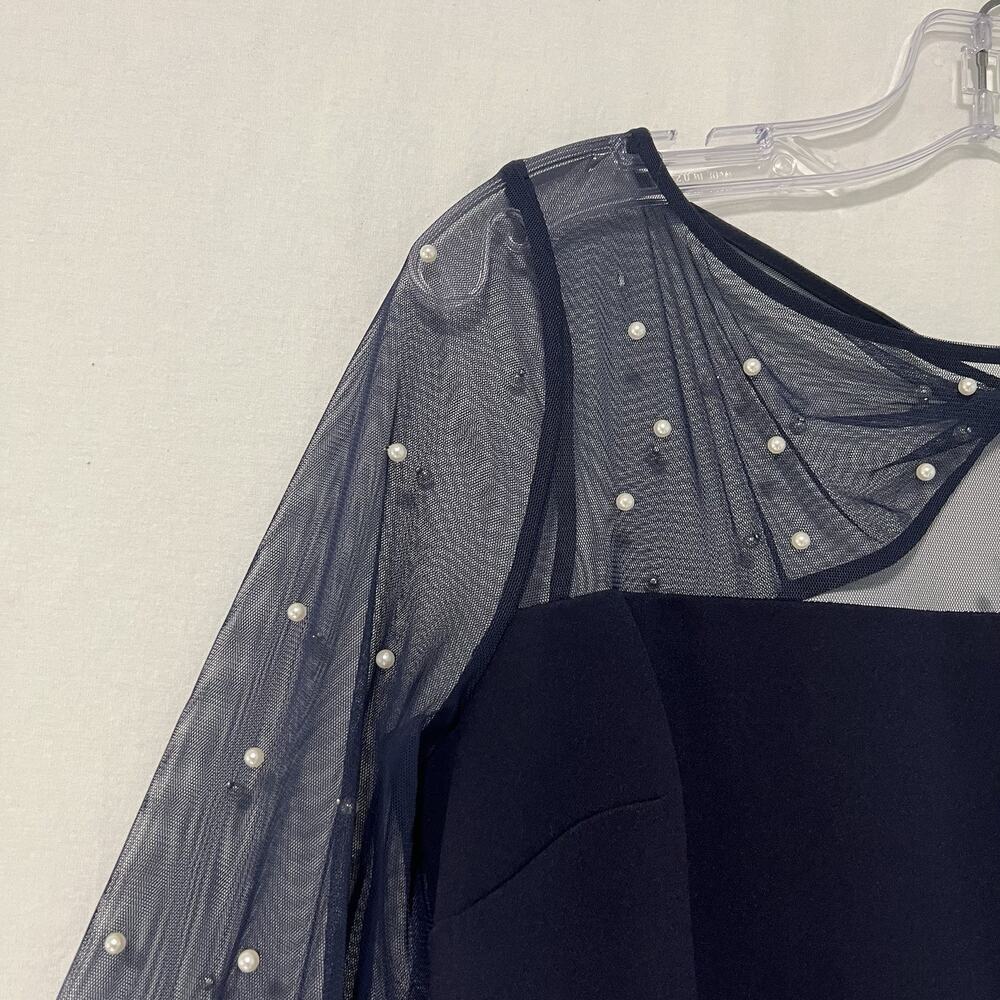 Karl Lagerfeld Cocktail Dress Ilussion Neckline Pearl Embellished Size 8 Blue - Picture 5 of 15